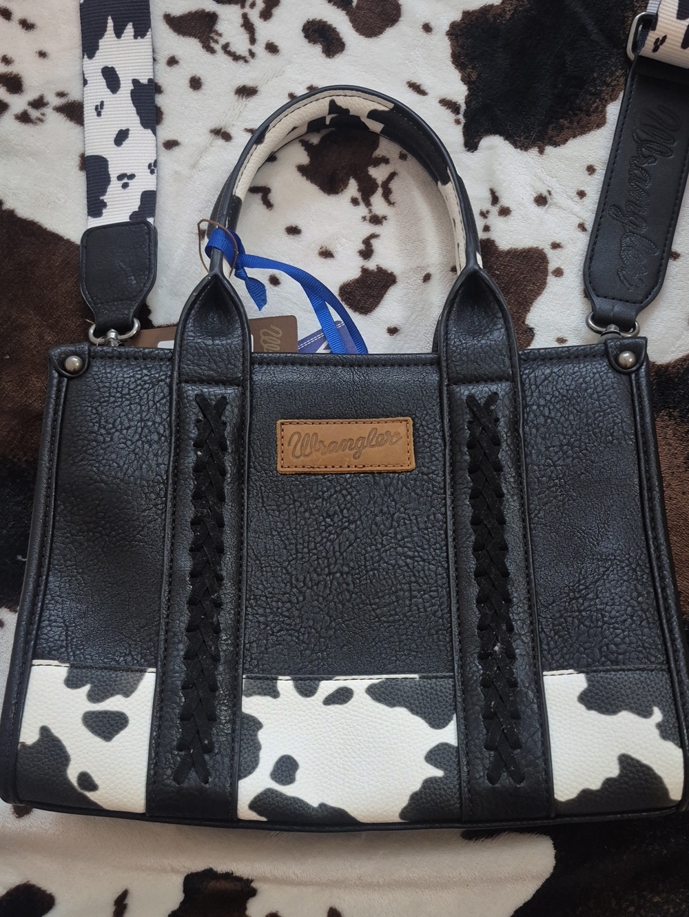 NWT Wrangler Black and White Cowhide-Accent Satchel with Removable Strap